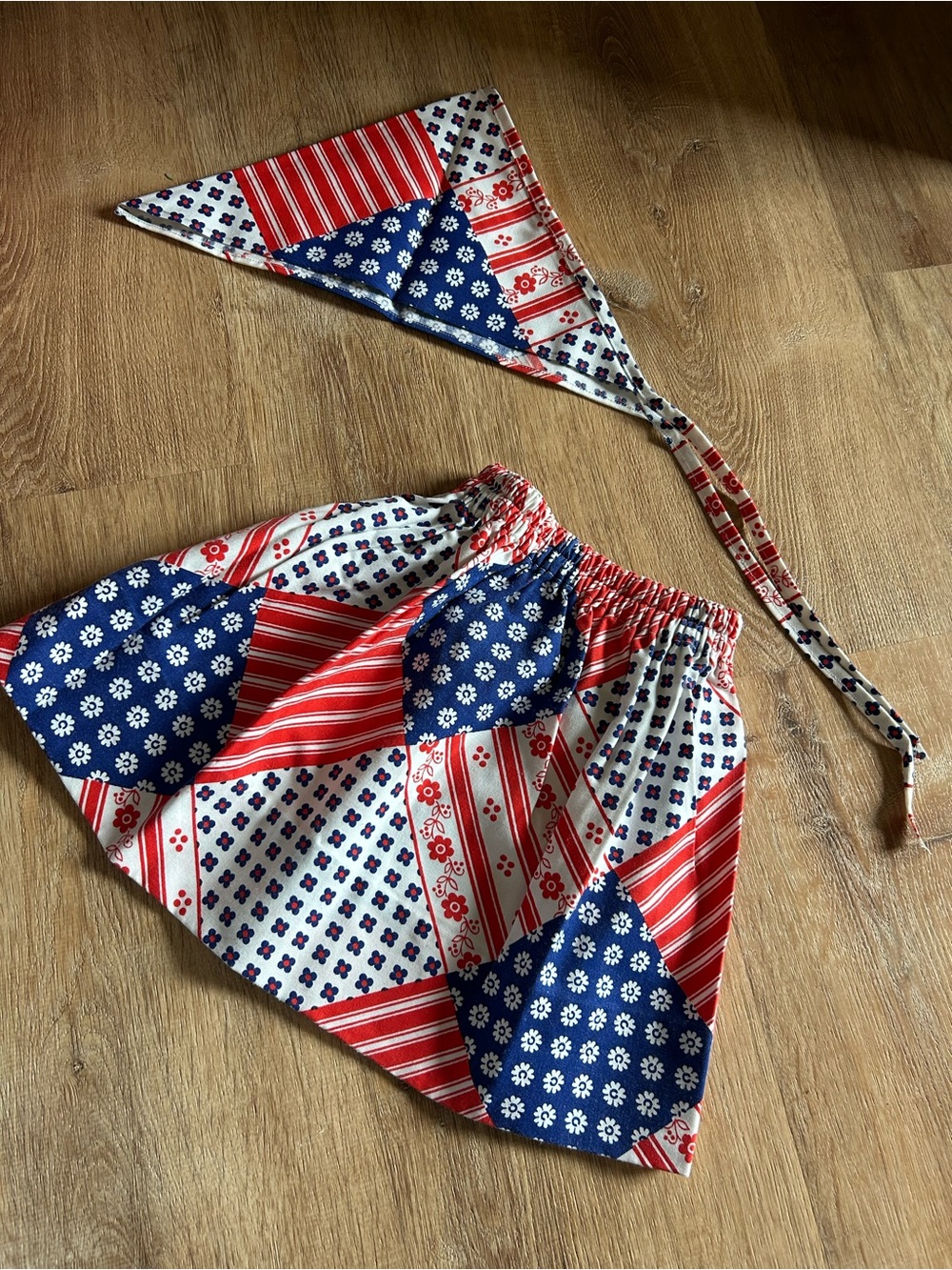 Handmade Red, White & Blue Patchwork Skirt and Headscarf Set